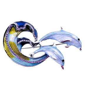 Beautiful Enamel Dolphins Brooch/ Pin with Rhinestone Wave